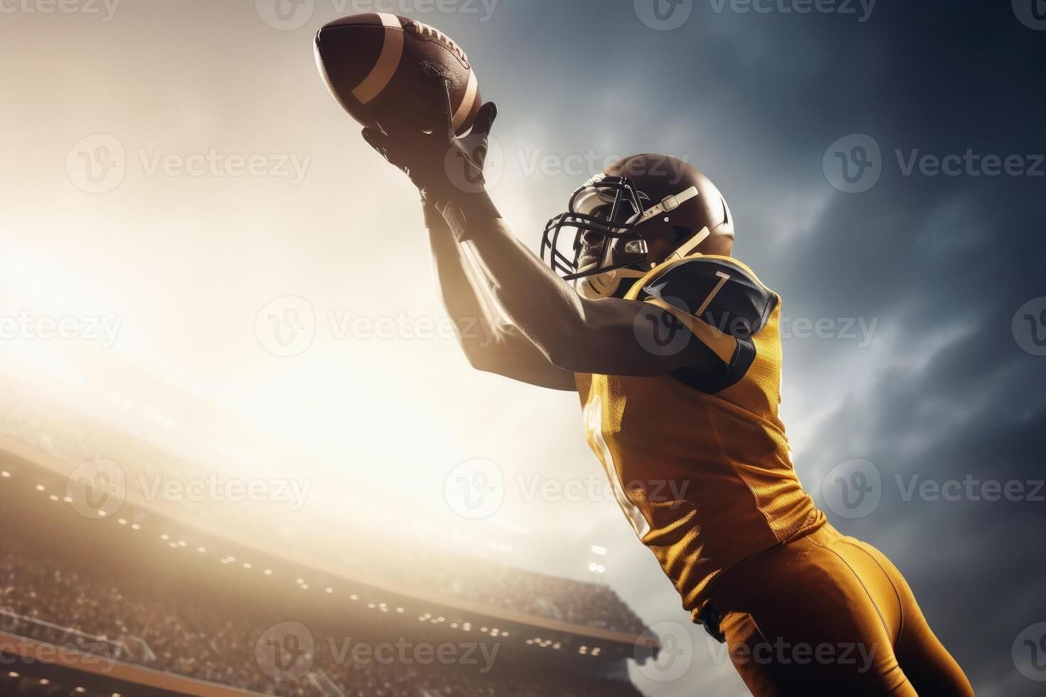 American football in flight being catched by a player created with technology. photo