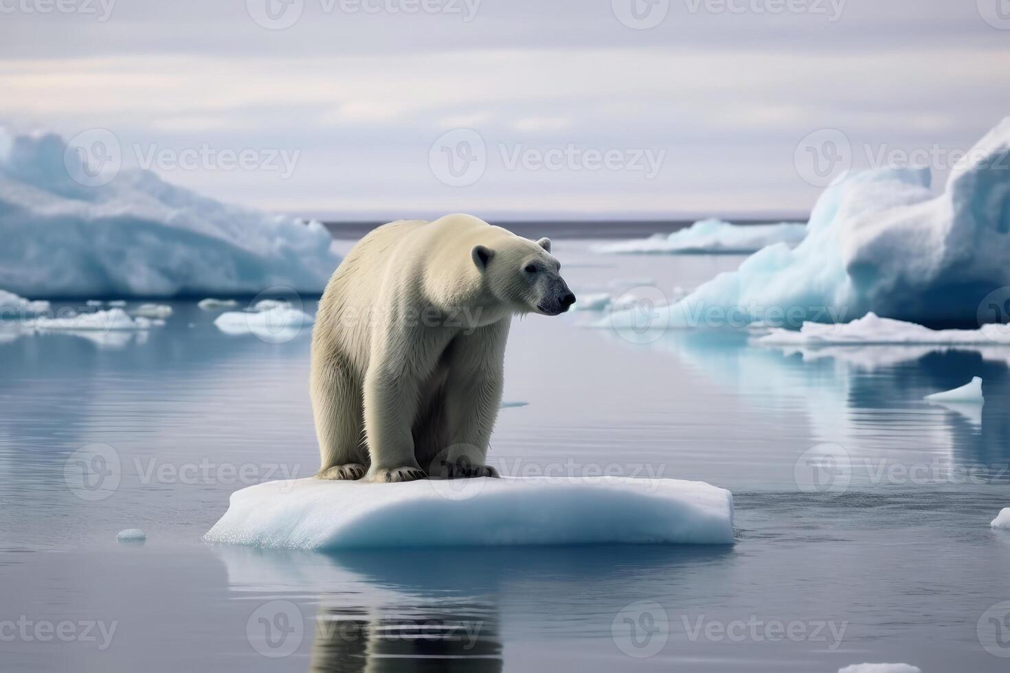 A sad polar bear on a small ice floe created with technology. photo