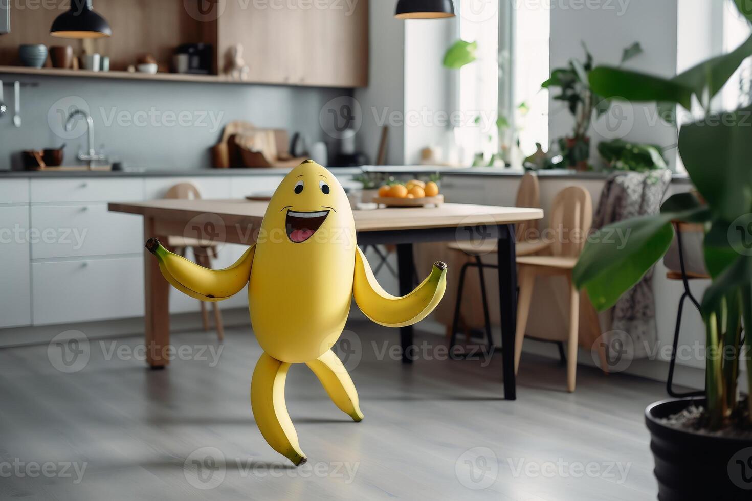 A smiling banana with arm and legs running on a kitchen table created with technology. photo