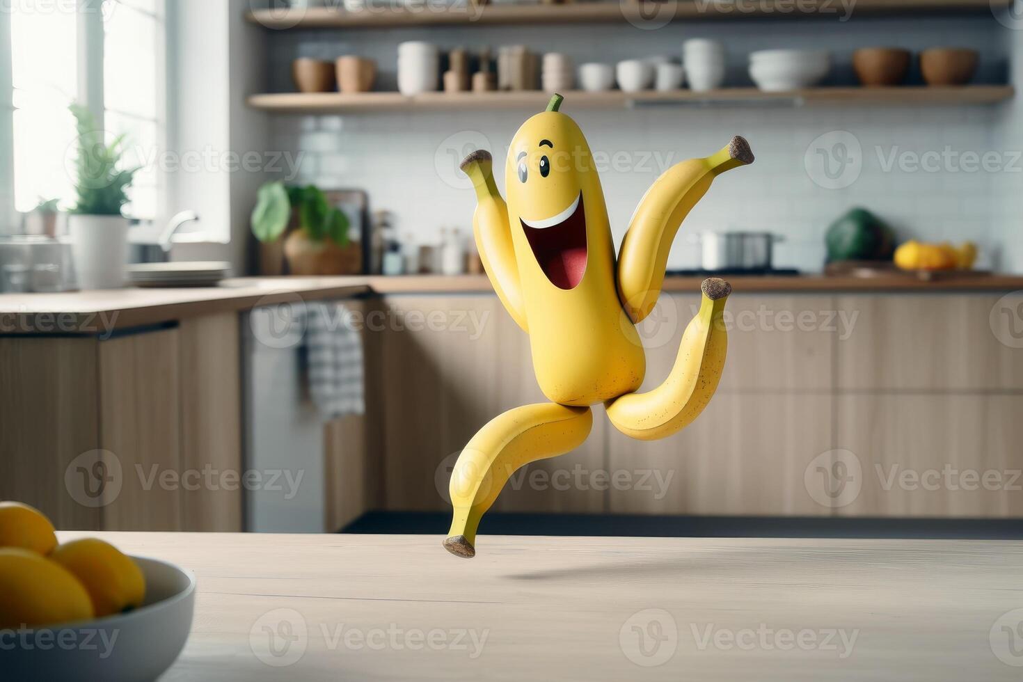 A smiling banana with arm and legs running on a kitchen table created with technology. photo