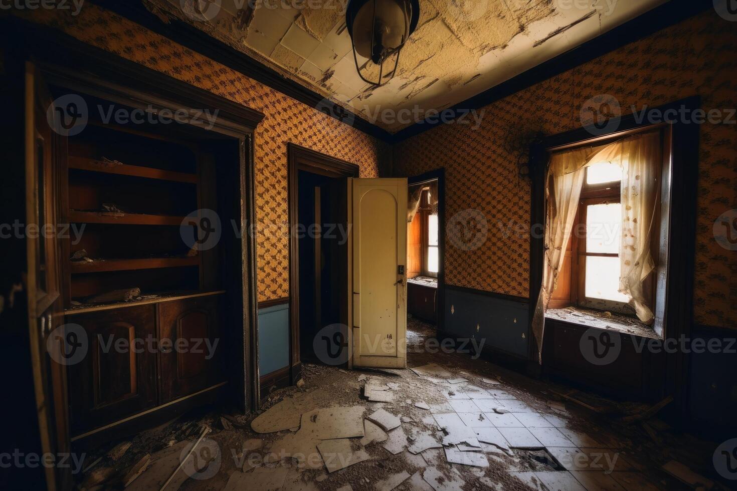 Inside an abandoned haunted house created with technology. photo