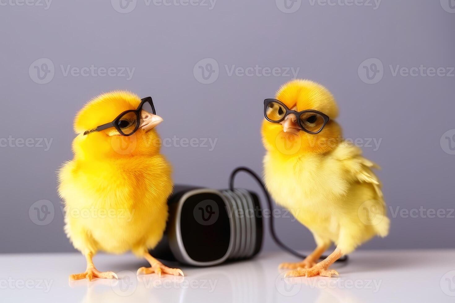 Two yellow chicks with sunglasses singing a song created with technology. photo