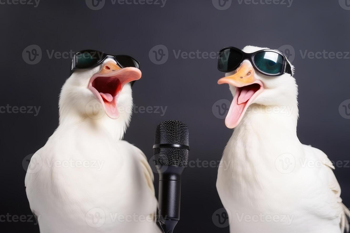 Two white goose singing a song created with technology. photo