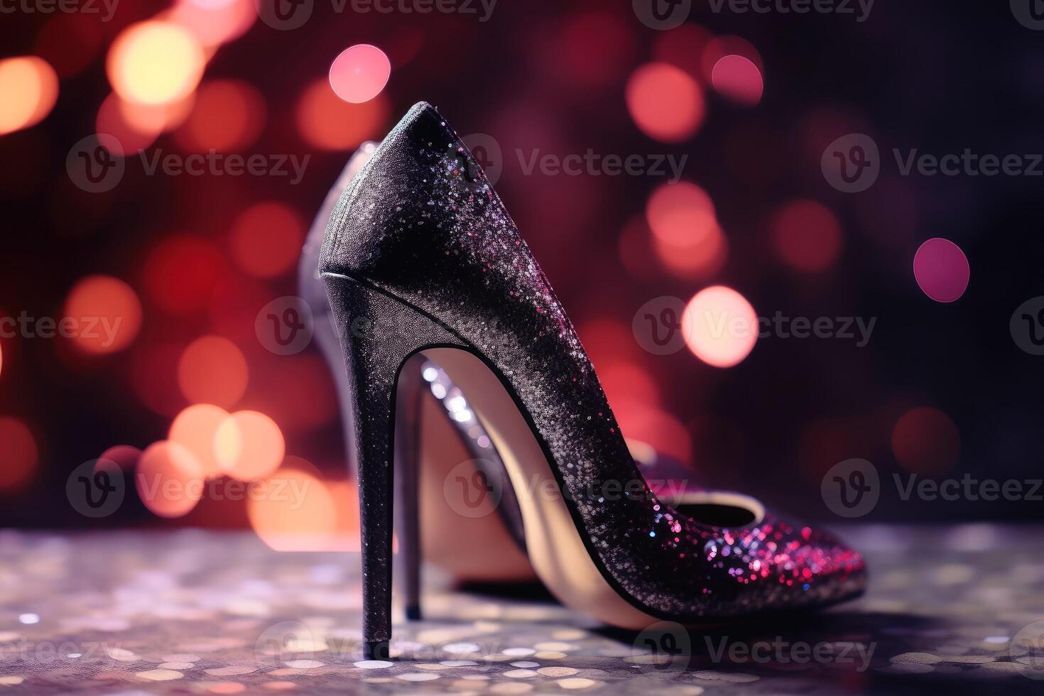 Stylish high heel shoes with glitter and bokeh lights created with technology. photo