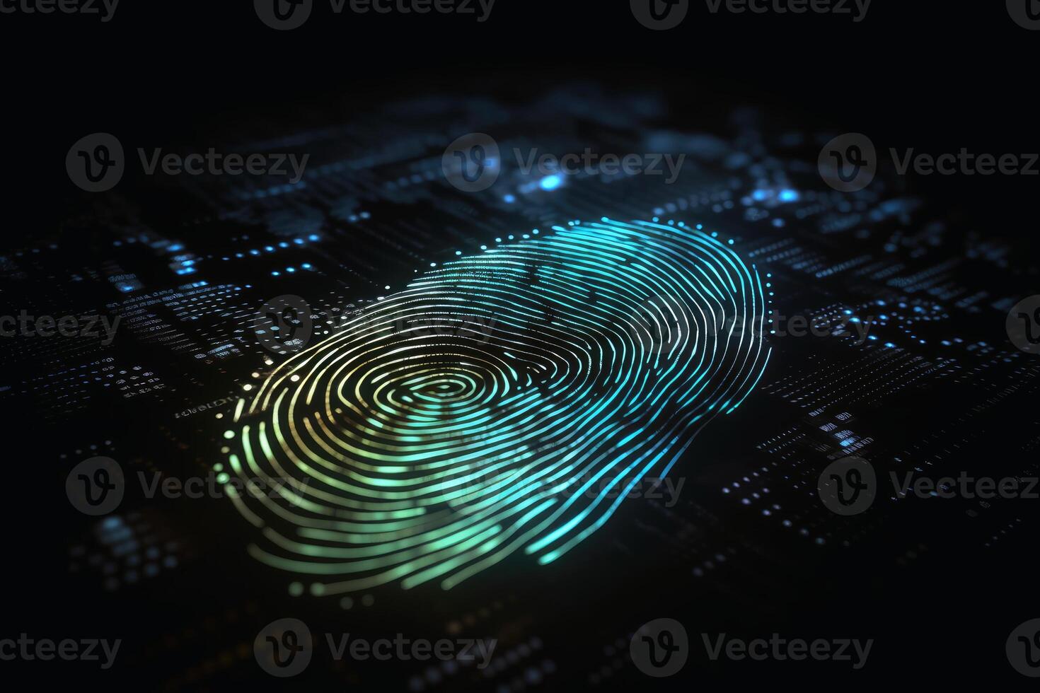 Detailed fingerprint made of glowing light on a dark technical background created with technology. photo