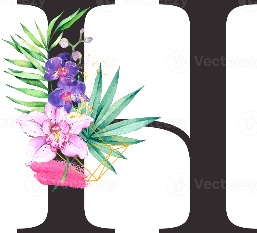 Alphabet and number Orchid flower watercolor wedding letter png