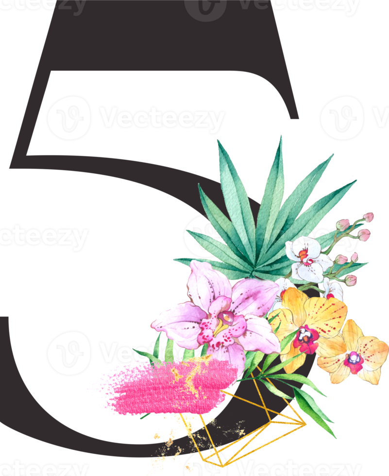 Alphabet and number Orchid flower watercolor wedding letter png