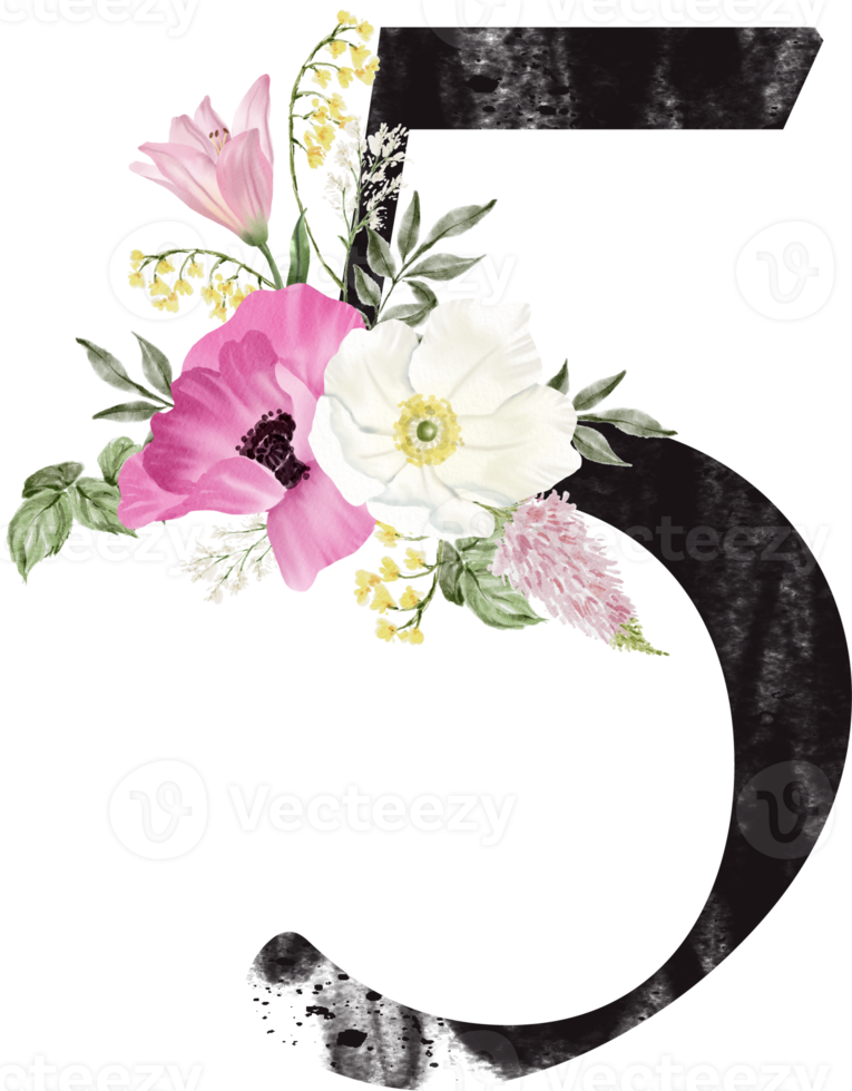 Alphabet and number flower watercolor wedding letter png
