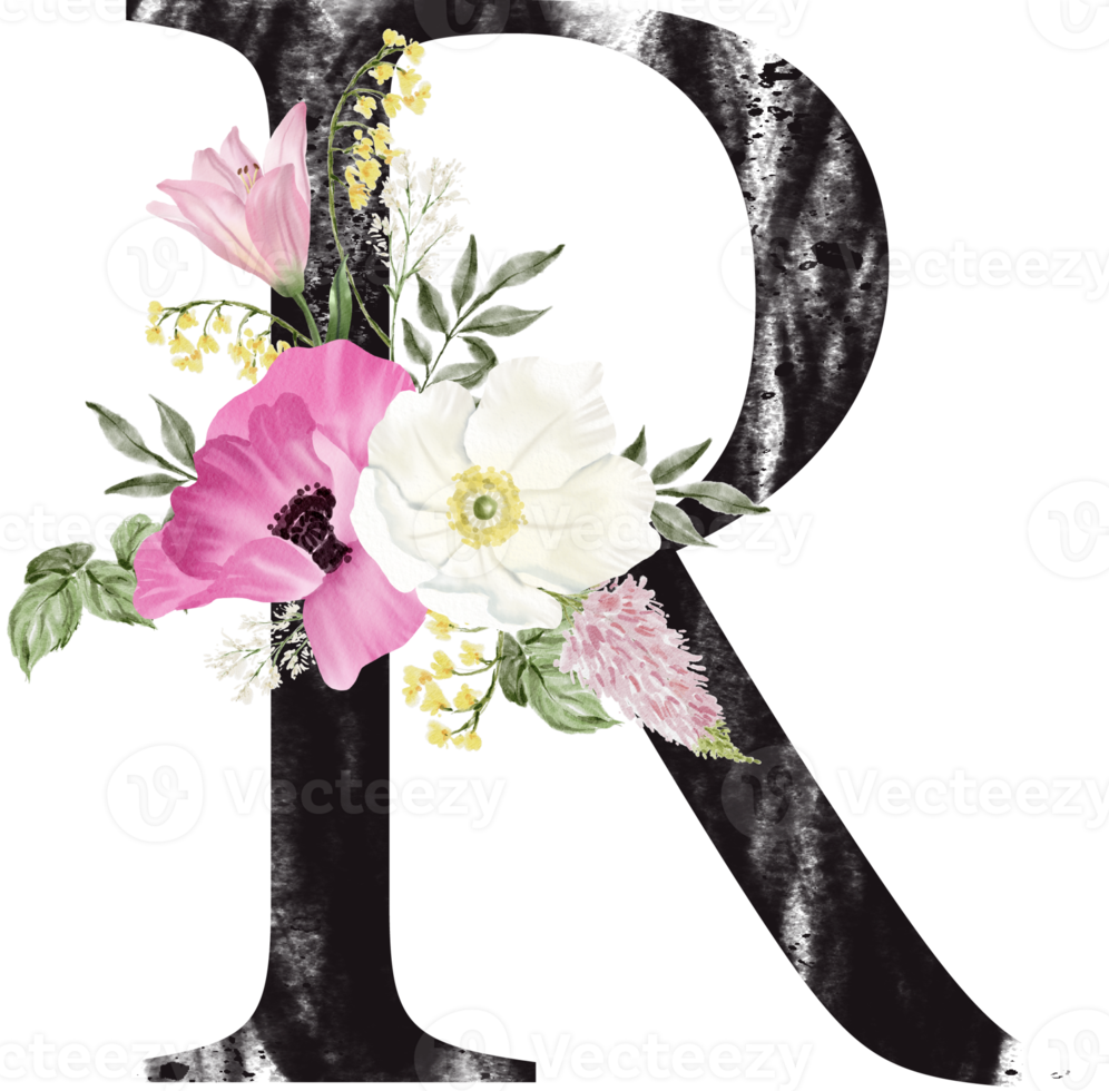 Alphabet and number flower watercolor wedding letter png