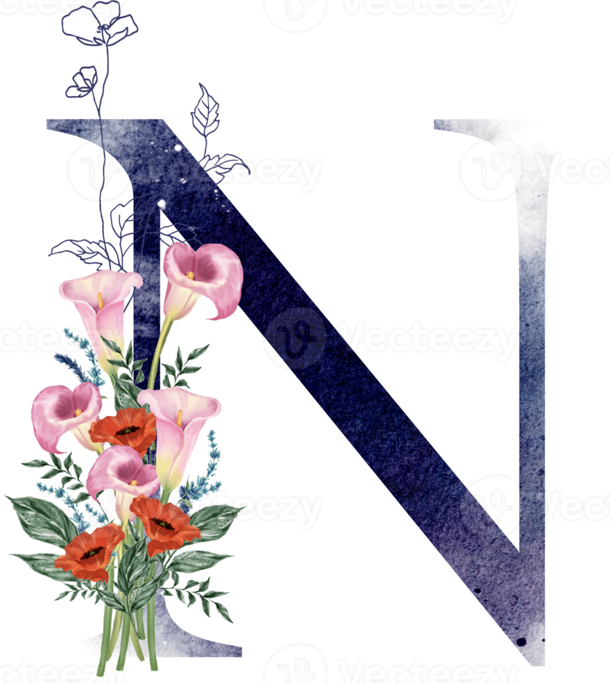 Alphabet and number flower watercolor wedding letter png
