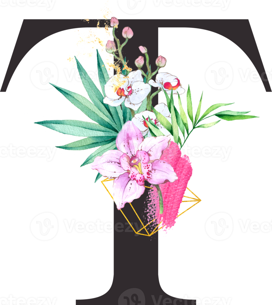 Alphabet and number Orchid flower watercolor wedding letter png