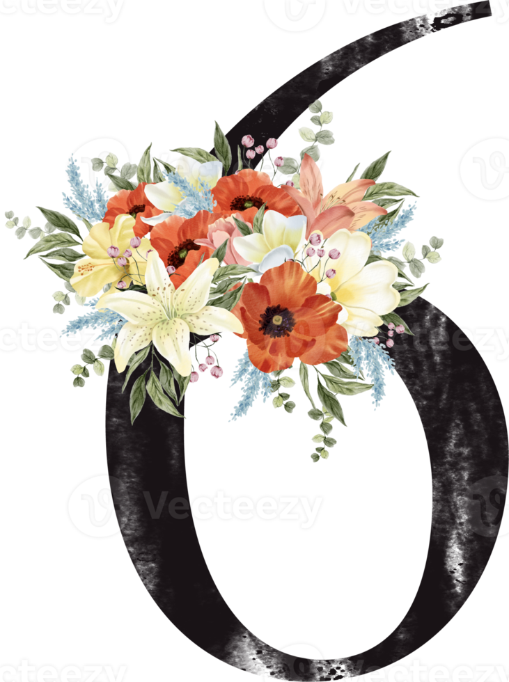 Alphabet and number flower watercolor wedding letter png