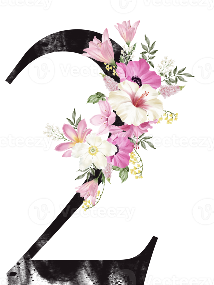 Alphabet and number flower watercolor wedding letter png