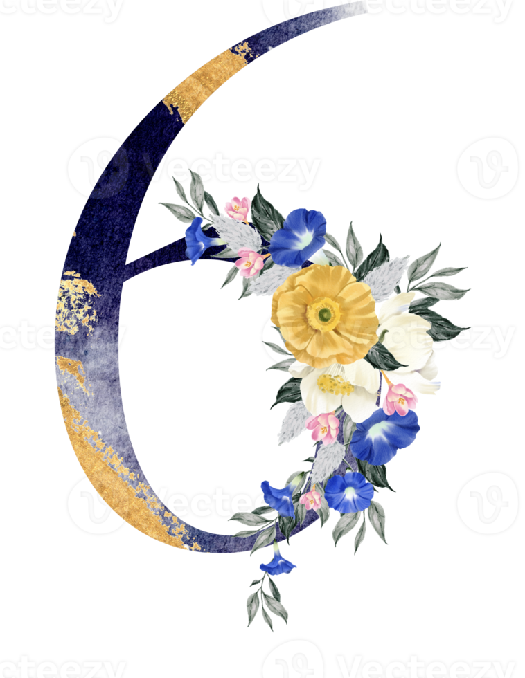 Alphabet and number flower watercolor wedding letter png