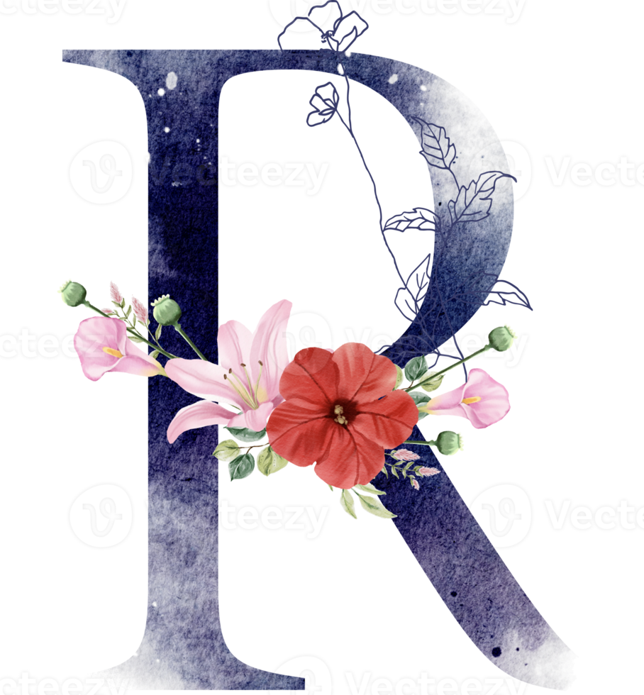 Alphabet and number flower watercolor wedding letter png