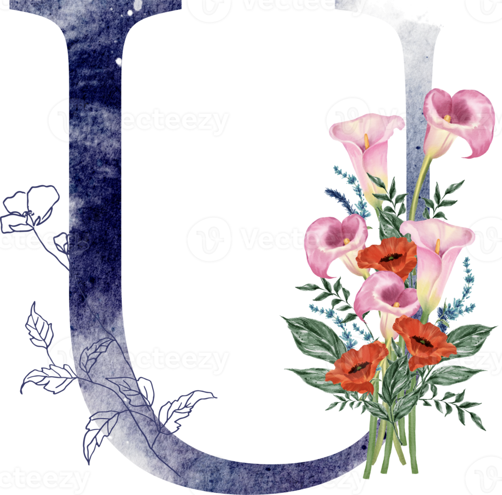 Alphabet and number flower watercolor wedding letter png