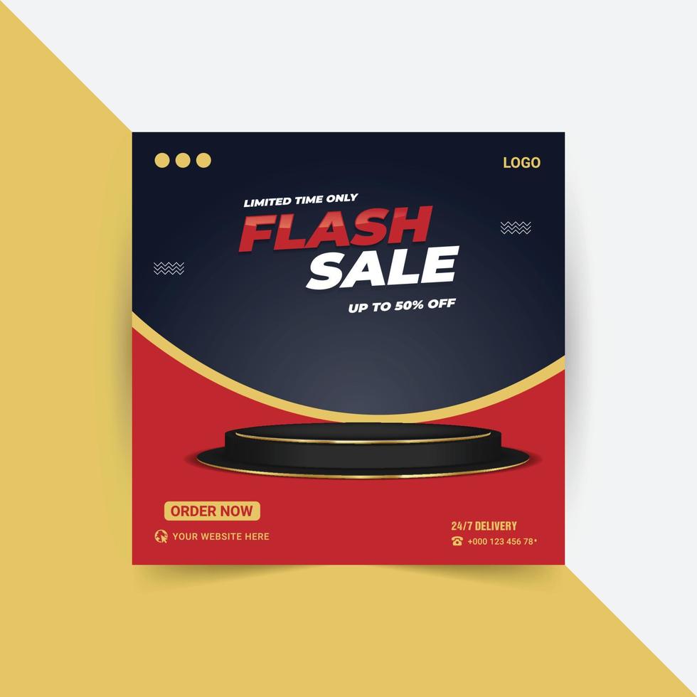 Flash sale social media post template with 3d podium. Banner for product promotion. vector