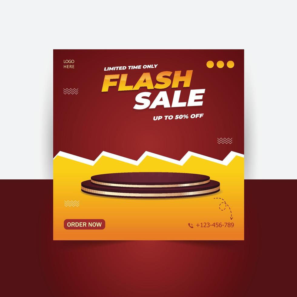 Flash sale social media post template with 3d podium. Banner for product promotion. vector