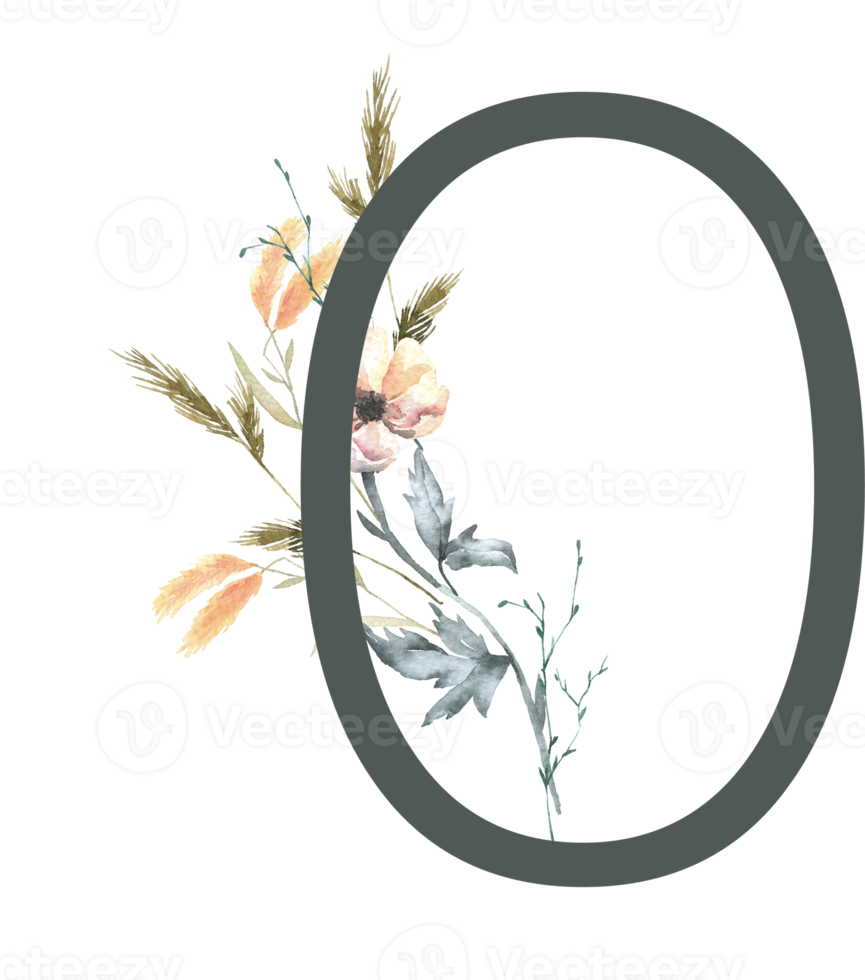 Modern Alphabet and number wildflower watercolor png
