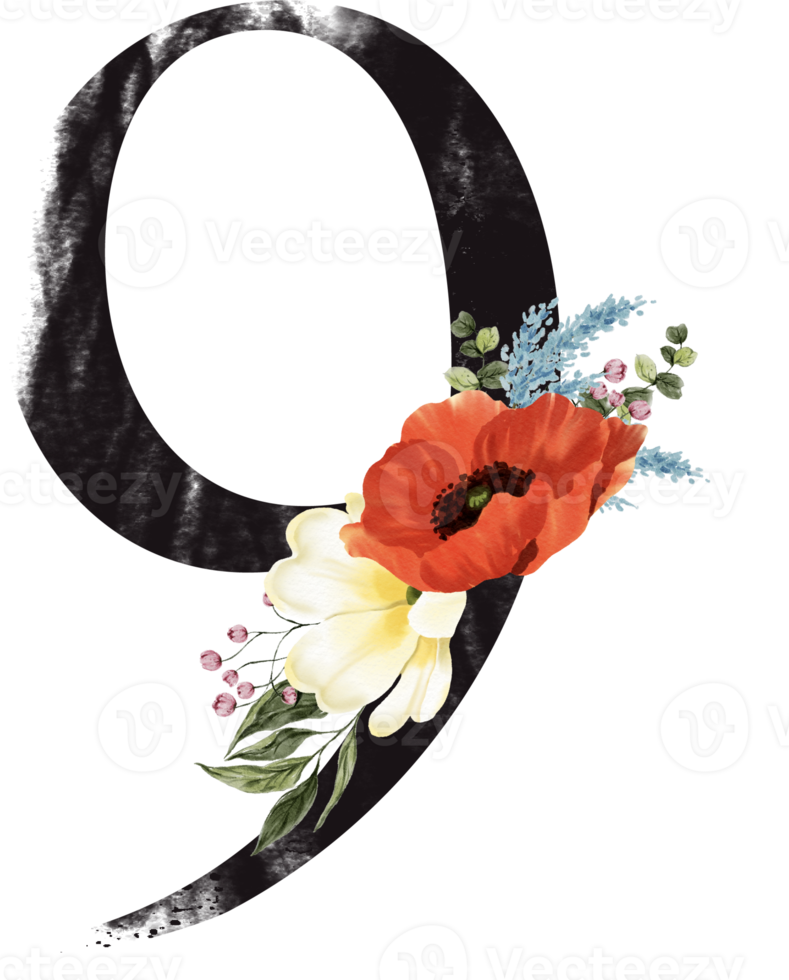 Alphabet and number flower watercolor wedding letter png