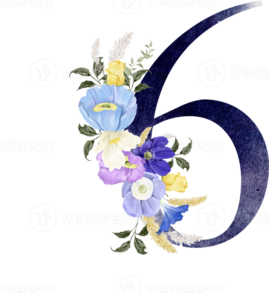 Alphabet and number flower watercolor wedding letter png