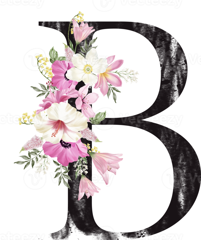 Alphabet and number flower watercolor wedding letter png