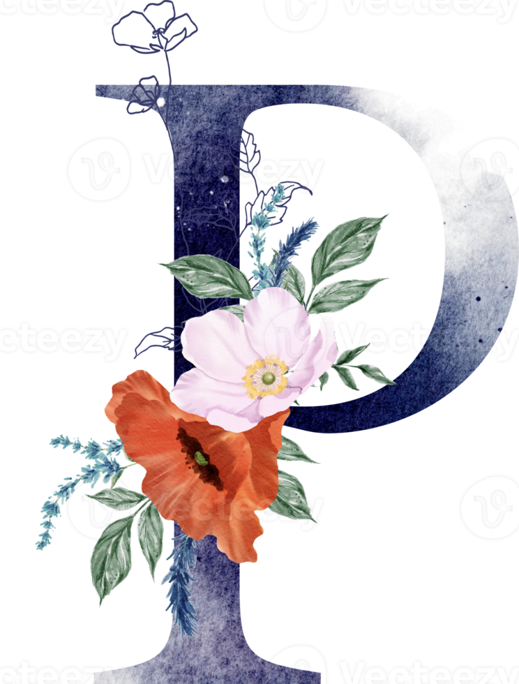 Alphabet and number flower watercolor wedding letter png