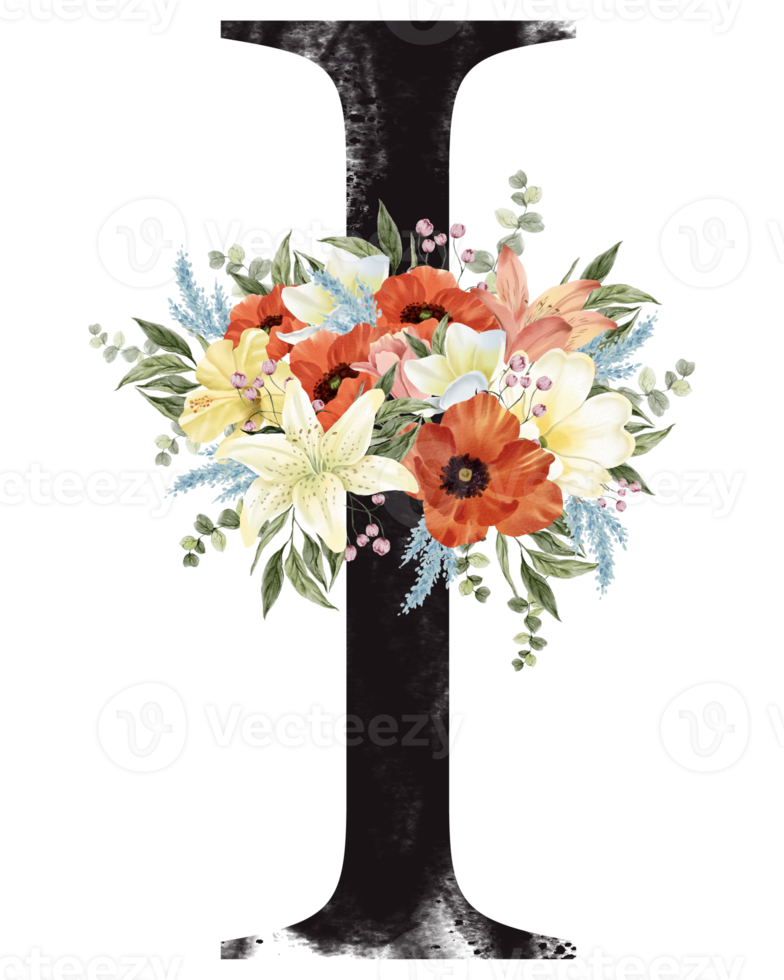 Alphabet and number flower watercolor wedding letter png