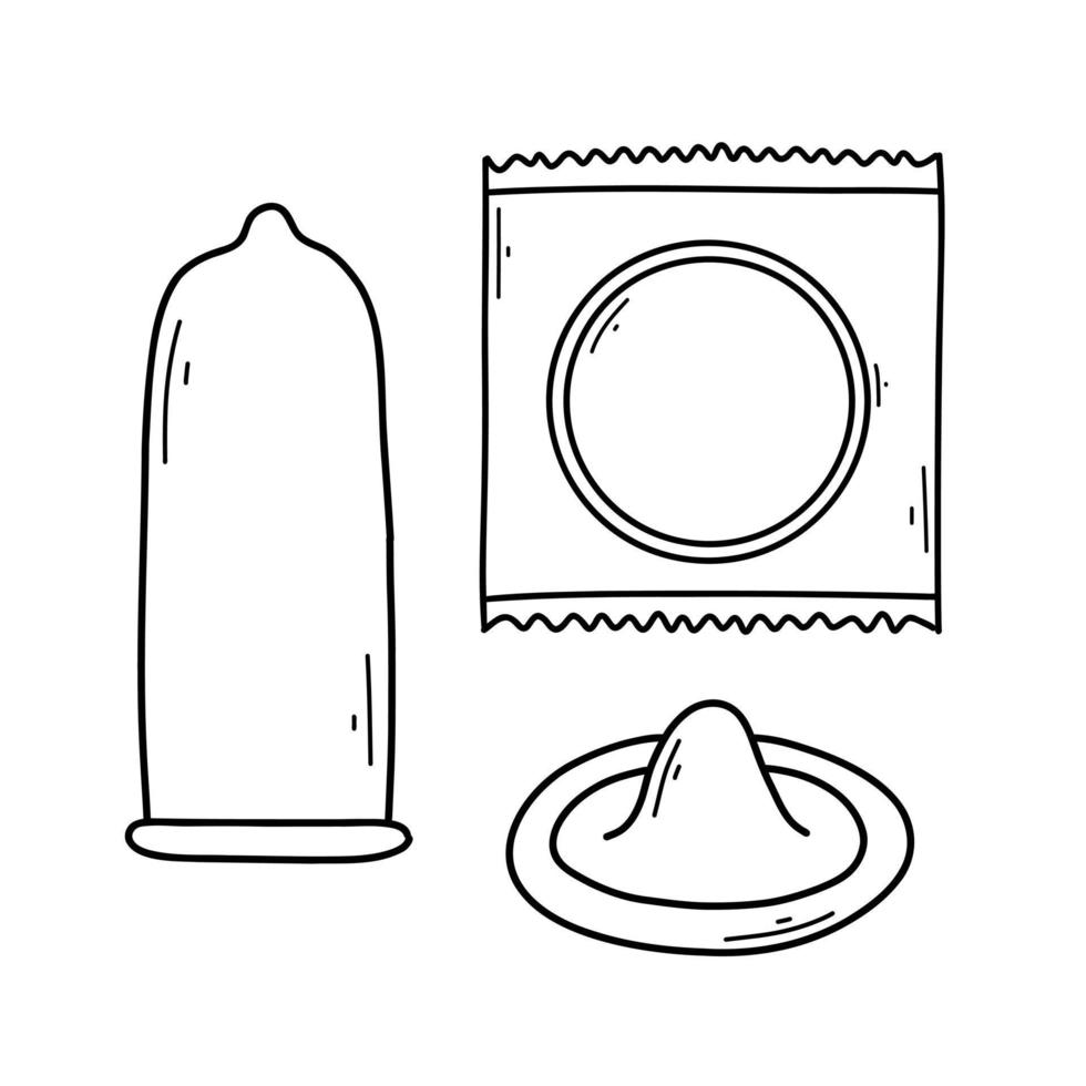 Set of condoms in doodle style. Vector illustration. Collection of