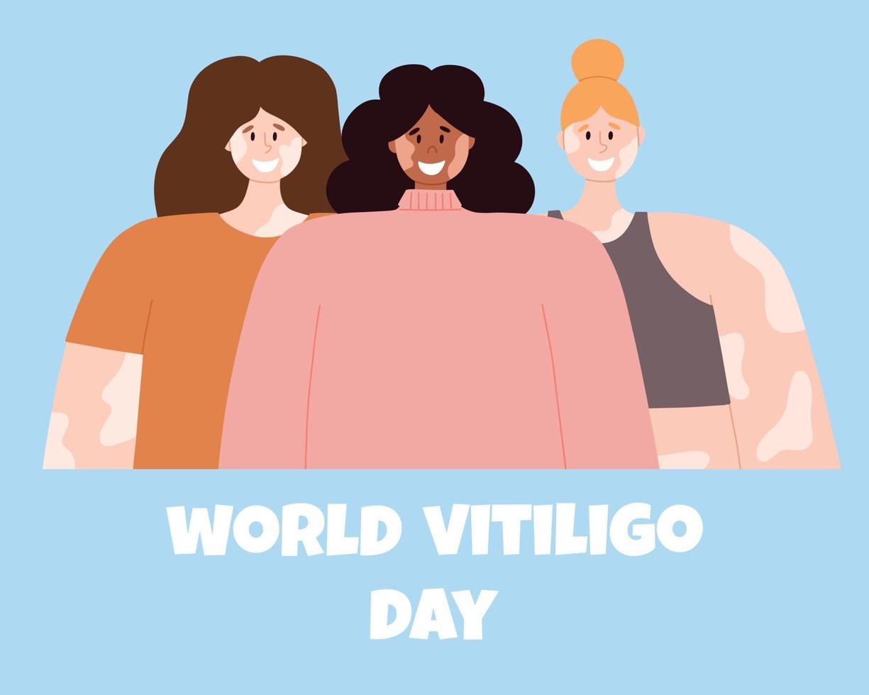 un mujer con vitiligo piel enfermedad acepta su apariencia, ama sí misma. mundo vitiligo día. vector ilustración. póster con un contento niña con vitíligo.