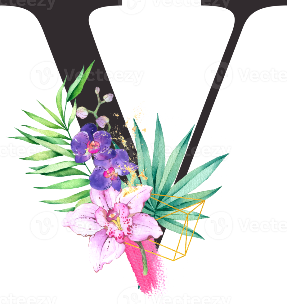 Alphabet and number Orchid flower watercolor wedding letter png