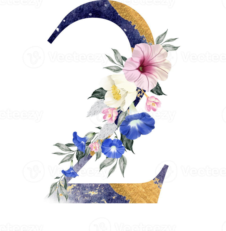 Alphabet and number flower watercolor wedding letter png