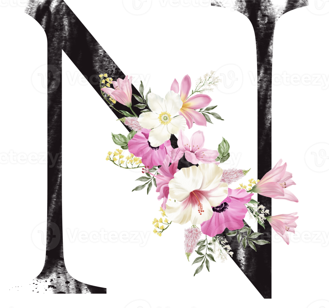 Alphabet and number flower watercolor wedding letter png