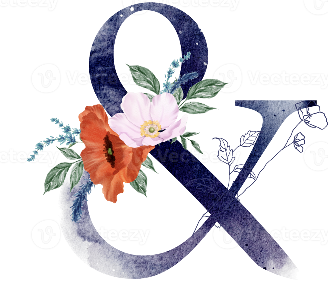 Alphabet and number flower watercolor wedding letter png