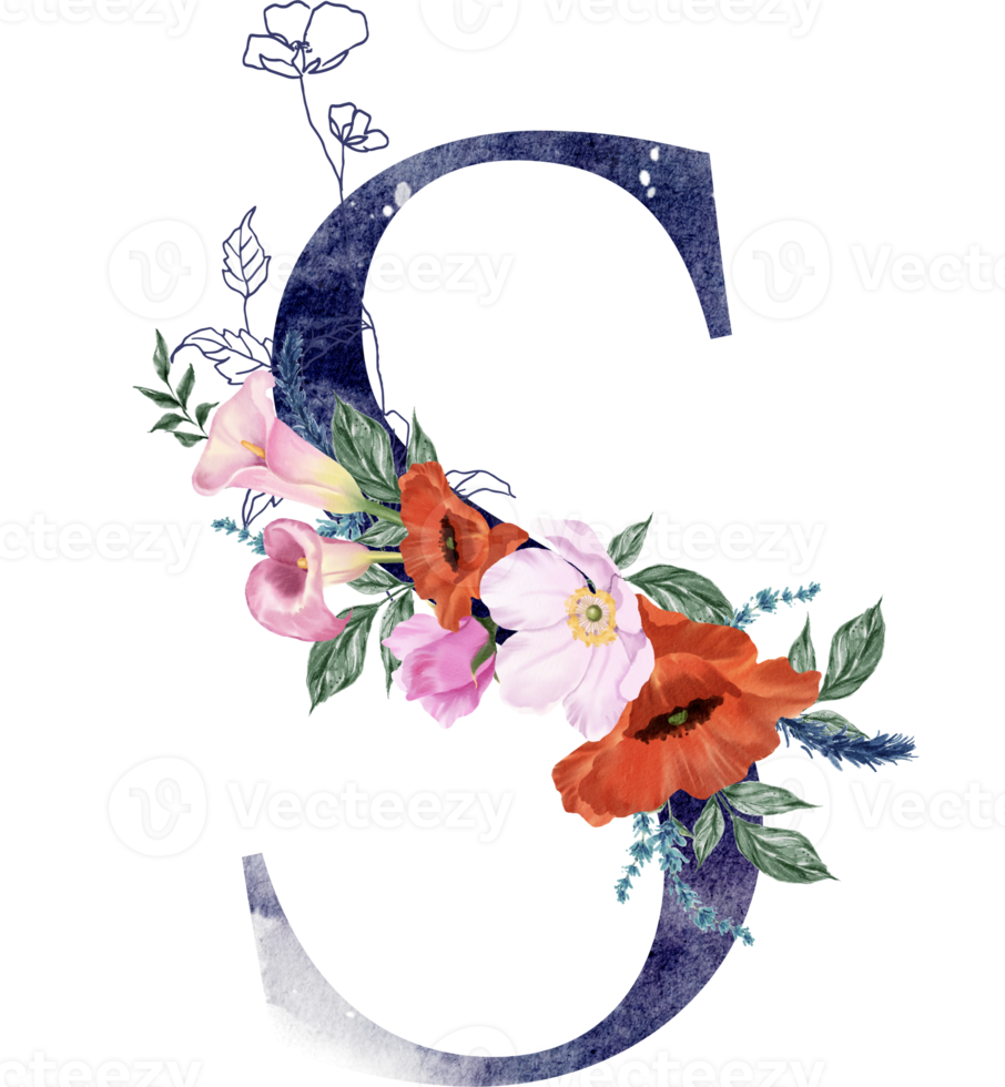 Alphabet and number flower watercolor wedding letter png