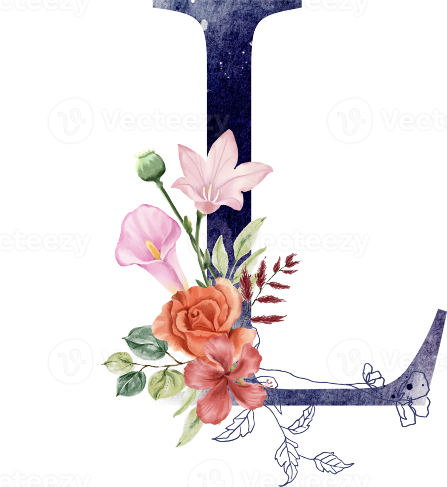 Alphabet and number flower watercolor wedding letter png