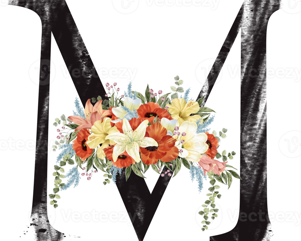 Alphabet and number flower watercolor wedding letter png