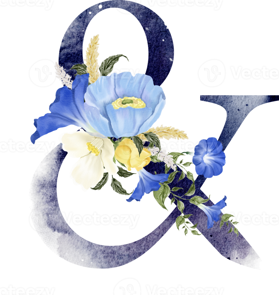 Alphabet and number flower watercolor wedding letter png