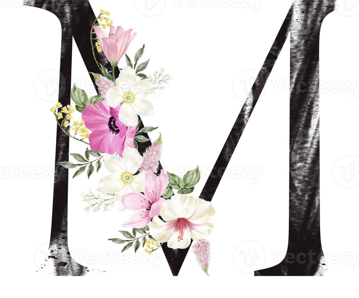Alphabet and number flower watercolor wedding letter png