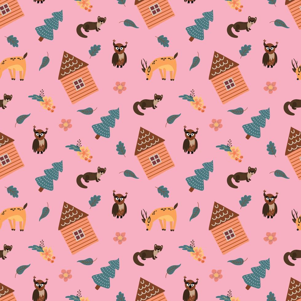 Seamless pattern with forest hut, animals and Christmas trees. Design for fabric, textile, wallpaper, packaging. vector