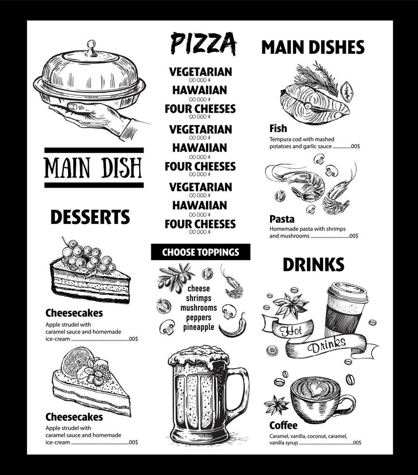 Menu restaurant brochure. Flyer with hand-drawn graphic. vector