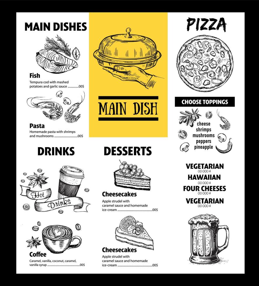 Menu restaurant brochure. Flyer with hand-drawn graphic. vector