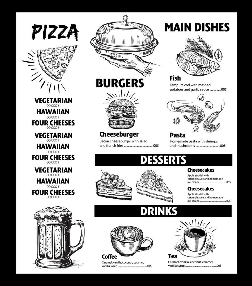 Menu restaurant brochure. Flyer with hand-drawn graphic. vector