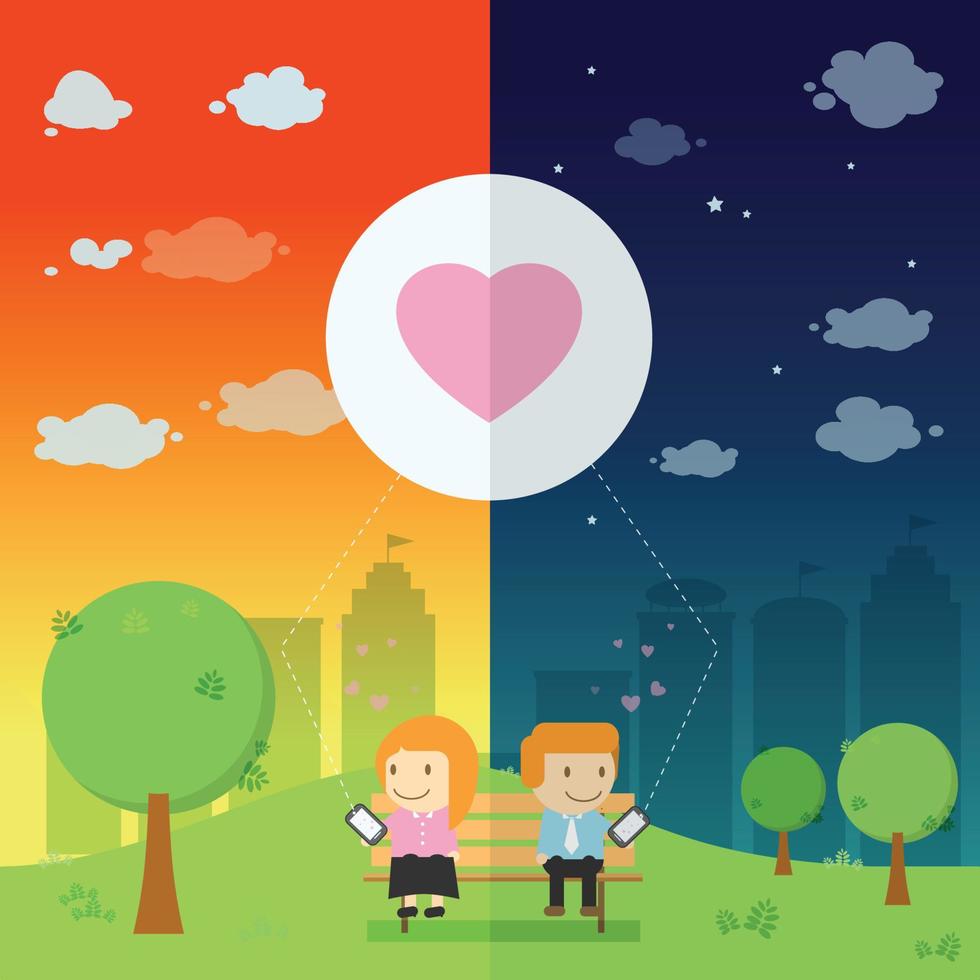 The lover send the emotional love resonance on smart phone in the park be different day and night vector