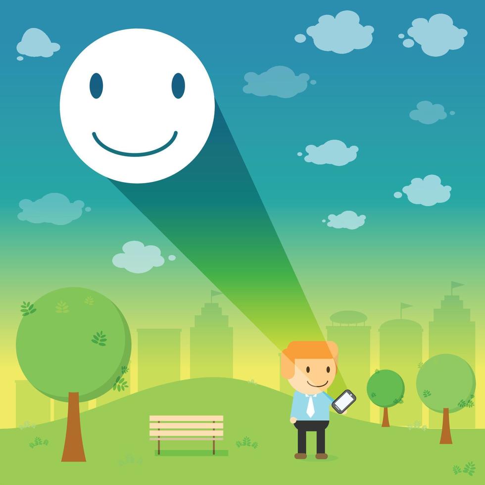 man through the emotional smile resonance  on smart phone in the park Vector