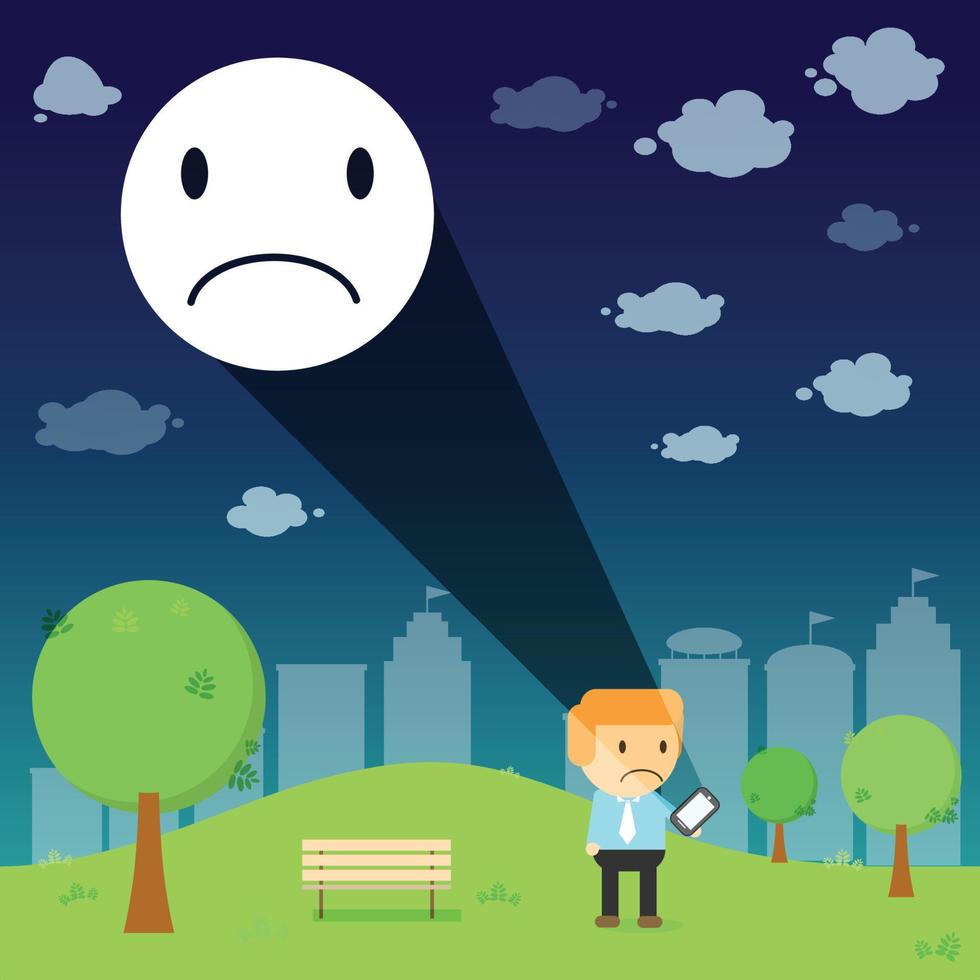 man through the emotional sad resonance  on smart phone in the park vector