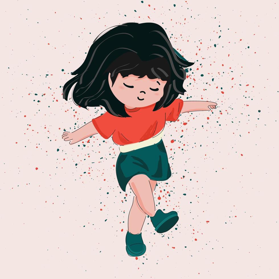 ilustración de un niña con un contento expresión, sonriente, saltando, cantando, alegre, vistiendo un verano tema vestir vector