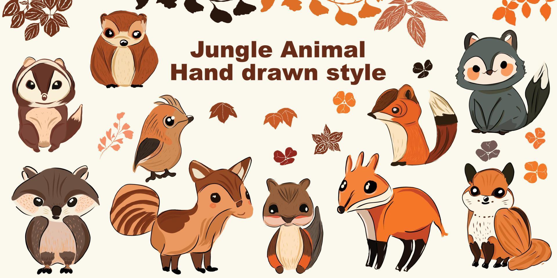 Bundle set Vector illustration of cute woodland forest animals including a bird, deer, fox, raccoon, hedgehog, squirrel and more