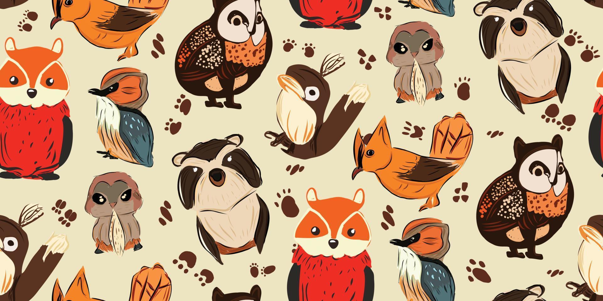 Vector illustration of cute woodland forest animals including a bear, deer, fox, raccoon, hedgehog, squirrel, and rabbit seamless pattern