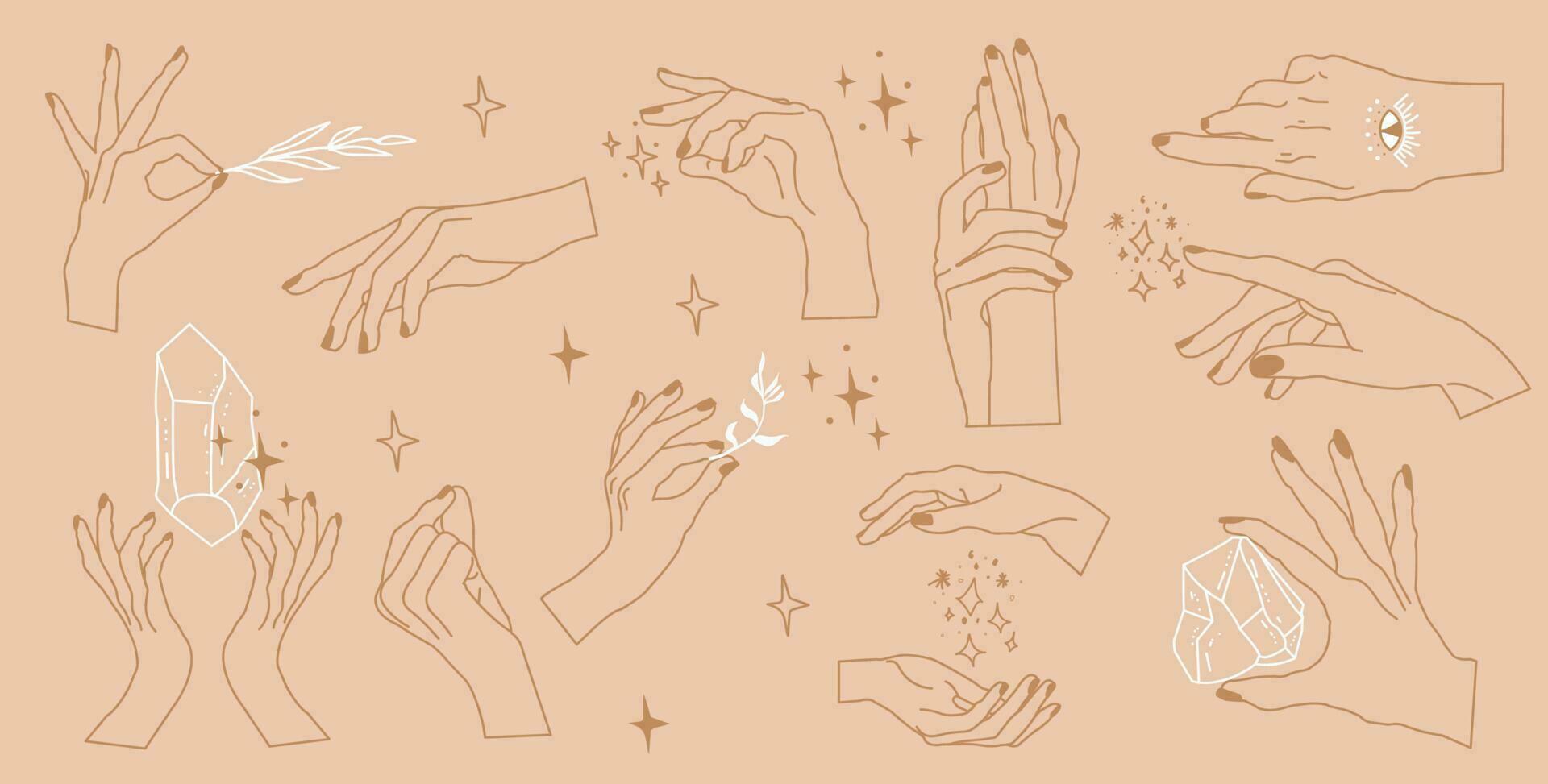 set of magical hand gestures and crystals vector